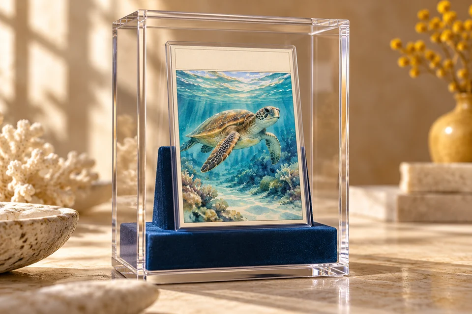 Illustration IA : carte artistique fictive de tortue marine, exposée sous protection transparente sur un support bleu ; ce n’est pas un boîtier PSA de référence.