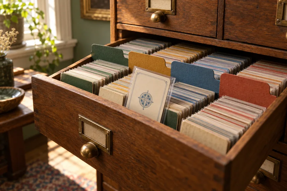 Illustration IA : cartes fictives classées dans un meuble à tiroirs, avec intercalaires de couleurs.