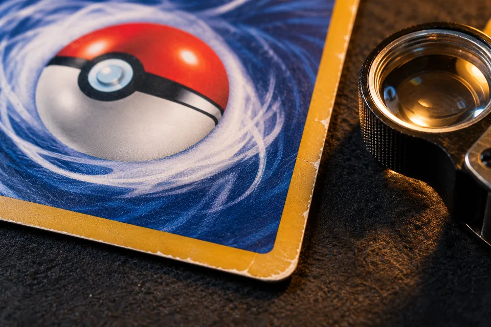 Illustration IA : gros plan d’un bord de carte fictive usé, motif de Poké Ball et loupe sur fond sombre.