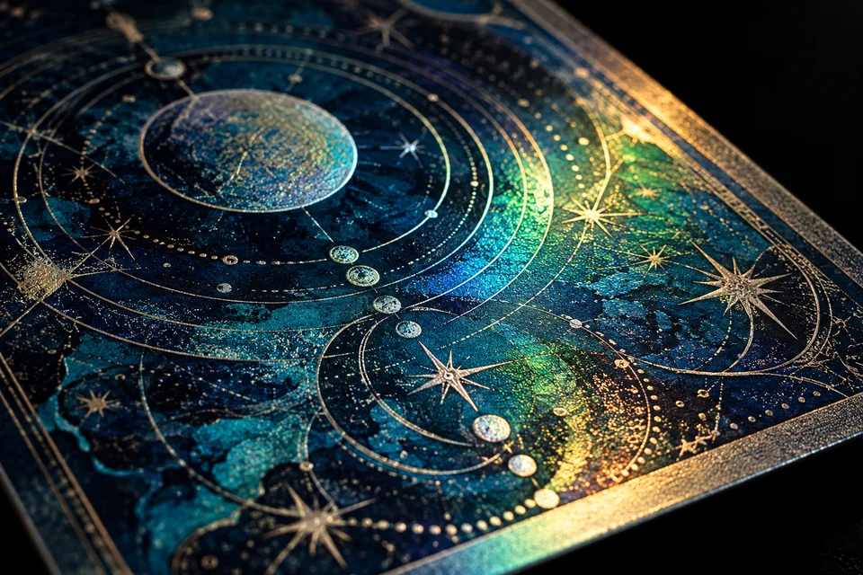 Illustration IA : reflets multicolores sur une carte fictive à motifs célestes, sur fond noir.