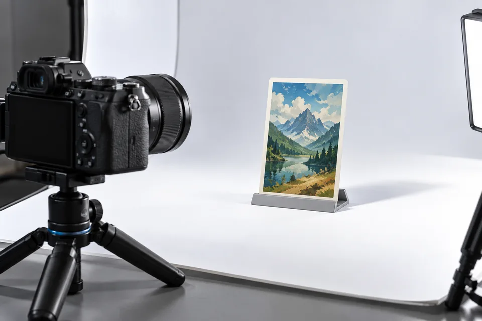 Illustration IA : appareil photo et éclairage de studio devant une carte fictive sur un support.