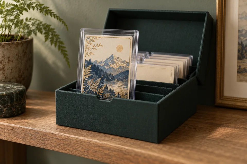 Illustration IA : carte fictive sous protection rigide devant une boîte de rangement vert foncé.
